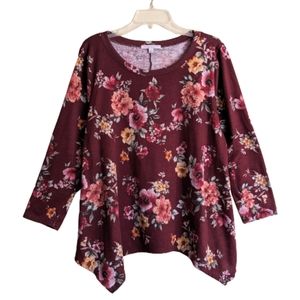 Green Envelope LA Top Burgundy Red Floral Brushed Knit Asymmetrical Hem Size 1X